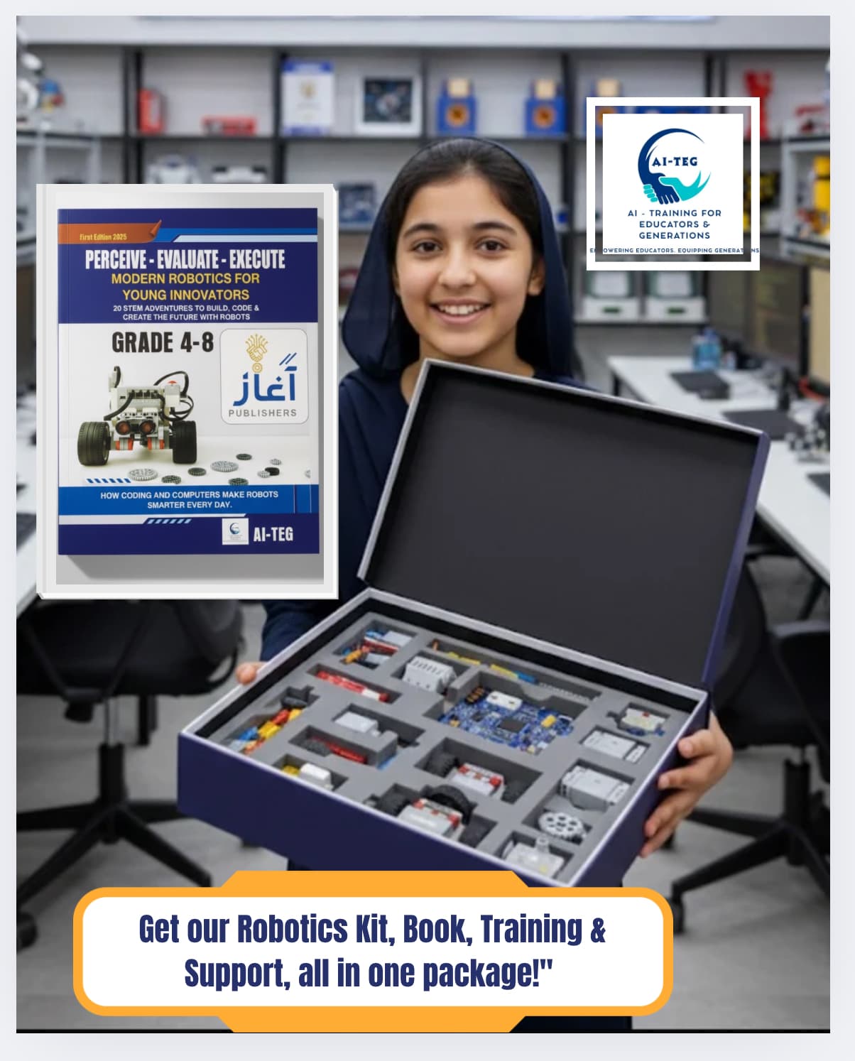 A student holding an open robotics kit box, with the book Modern Robotics for Young Innovators shown alongside it