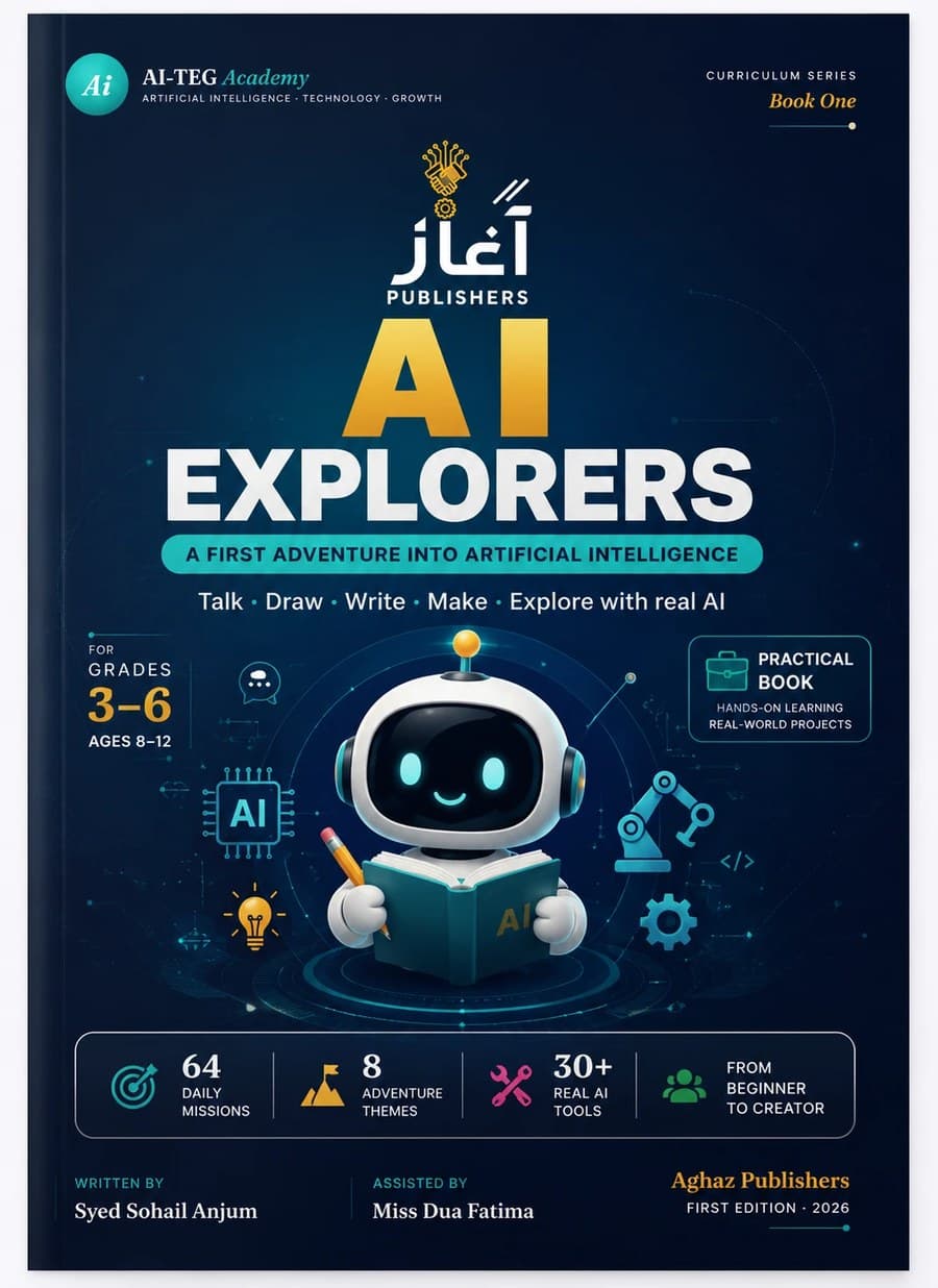 AI Explorers book cover — A First Adventure Into Artificial Intelligence, Aghaz Publishers, Grades 3–6, First Edition 2026